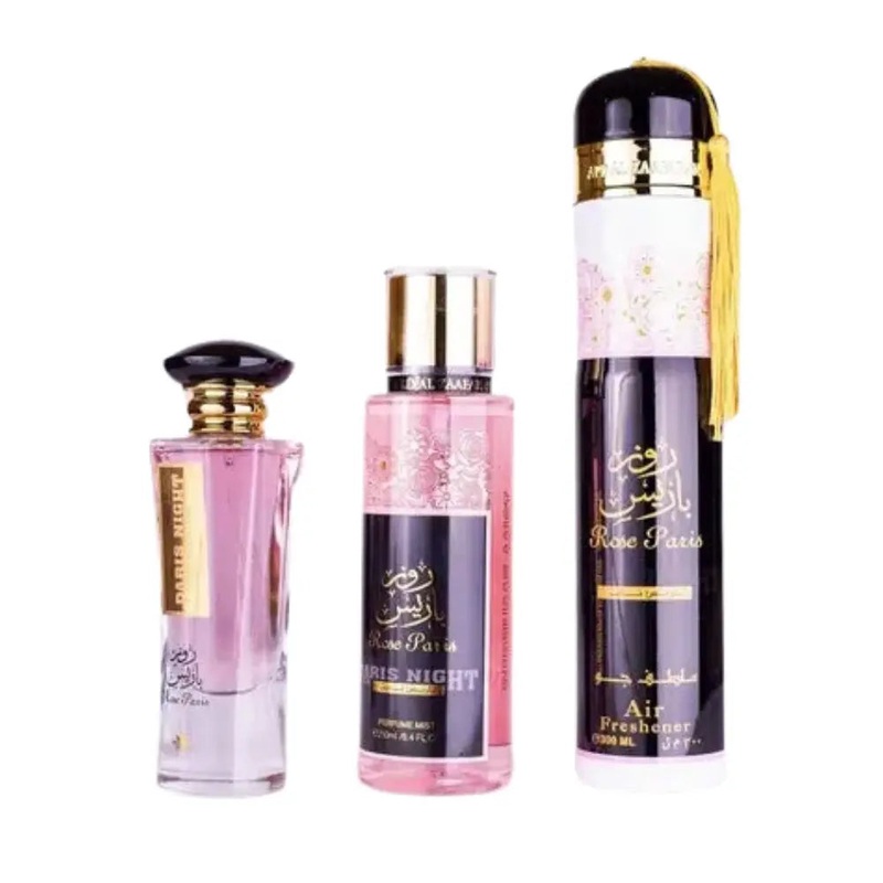 Ard Al Zaafaran Rose Paris Night 3 Piece Gift Set: Eau De Parfum 100ml – Perfume Mist 250ml – Air Freshener 300ml