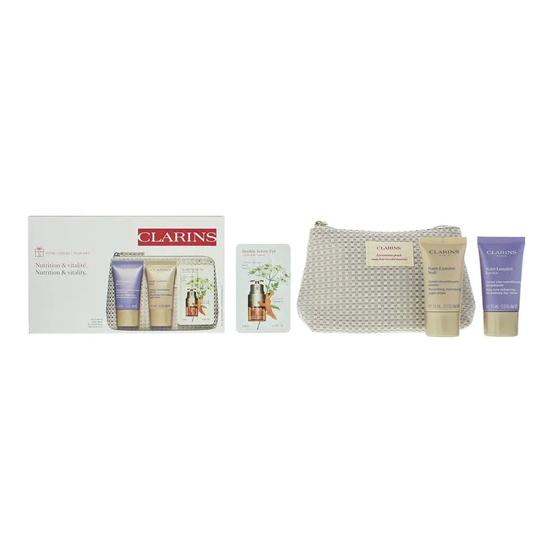 Clarins Nutri-Lumiere 4 Piece Gift Set: Revive Nutri-Ligh Day Cream 15ml – Nutri Luminire Night Cream 15ml – Eye Serum 0.9g – Pouch Not for sale