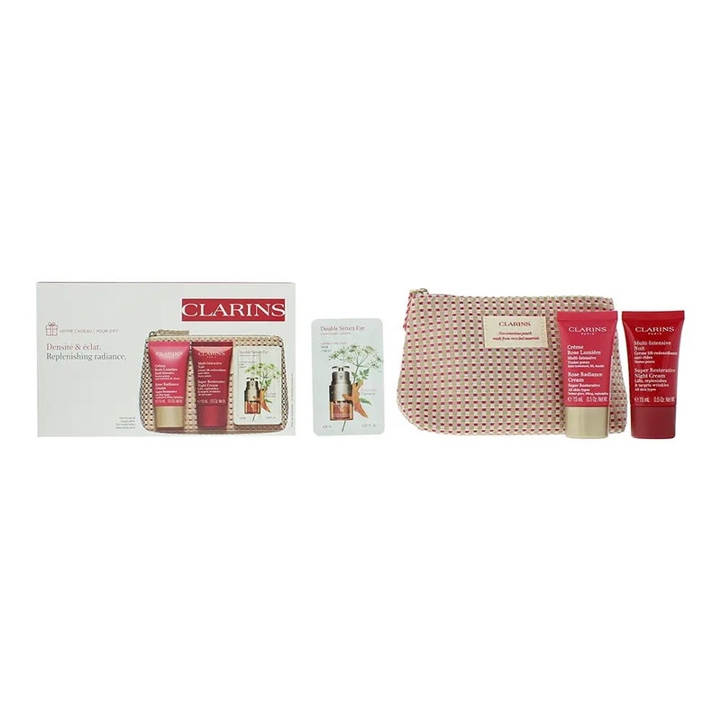 Clarins Super Restorative 4 Piece Gift Set: Rose Radiance Day Cream 15ml – Super restorative Night Cream 15ml – Eye Serum 0.9g – Pouch Not for sale
