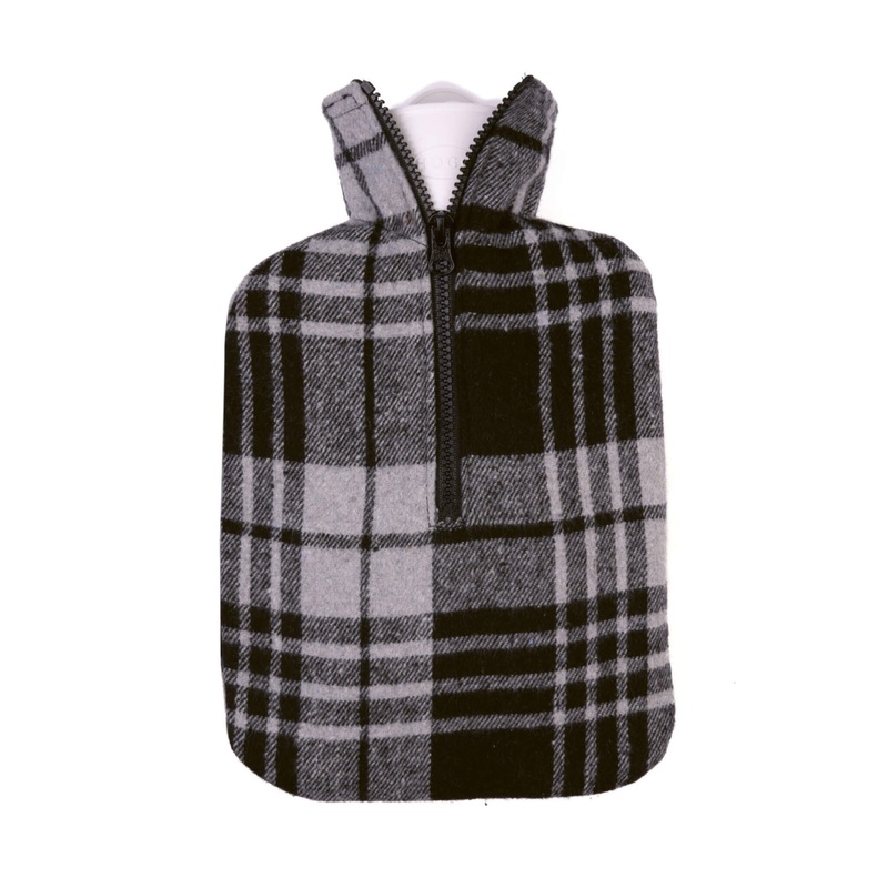 Classic Hot Water Bottle with Grey and Black Check Flannel Cover
