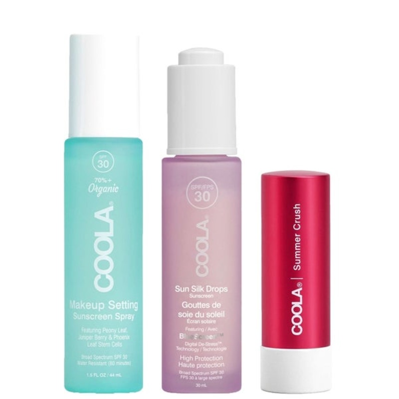 Coola Bundles Trio: Makeup Setting Spray SPF30 44ml, Mineral Liplux SPF30 Summer Crush & Sun Silk Drops SPF30 30ml