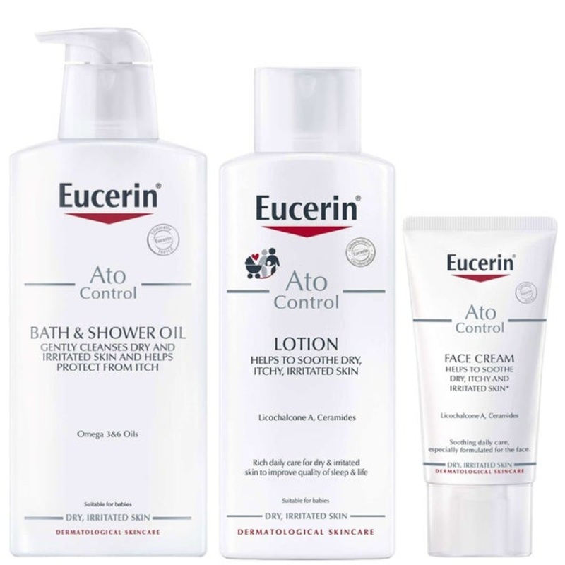 Eucerin Bundles Trio: AtoControl Bath & Shower Oil 400ml, Body Care Lotion 250ml & Face Care Cream 50ml