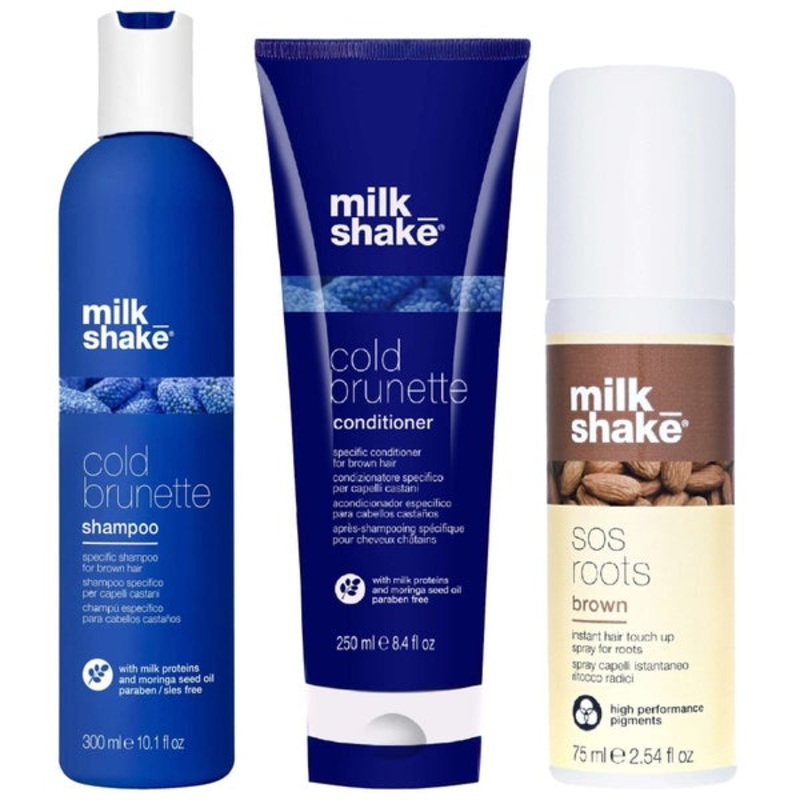 milk_shake Bundles Trio: Cold Brunette Shampoo 300ml, Cold Brunette Conditioner 250ml & SOS Roots Brown 75ml