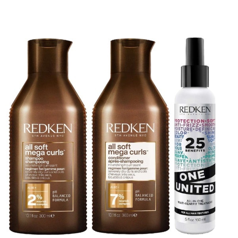 Redken Trio: All Soft Mega Curl Shampoo 300ml, Conditioner 300ml & One United All-In-One Multi-Benefit Treatment 150ml