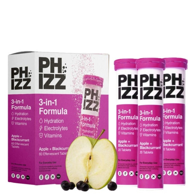 Phizz 3-in-1 Tablets Apple & Blackcurrant Hydration, Electrolytes and Vitamins Effervescent x 60 Tablets